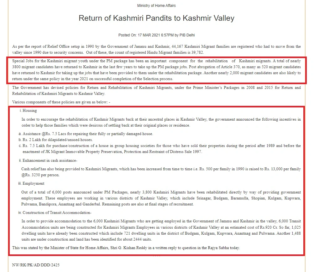PIB report on schemes and packages generated for Kashmiri Hindus.