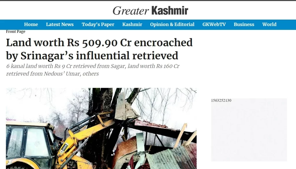 illegally occupied Land worth Rs 509.90 crore recovered by the anti-encroachment authorities in J&K.