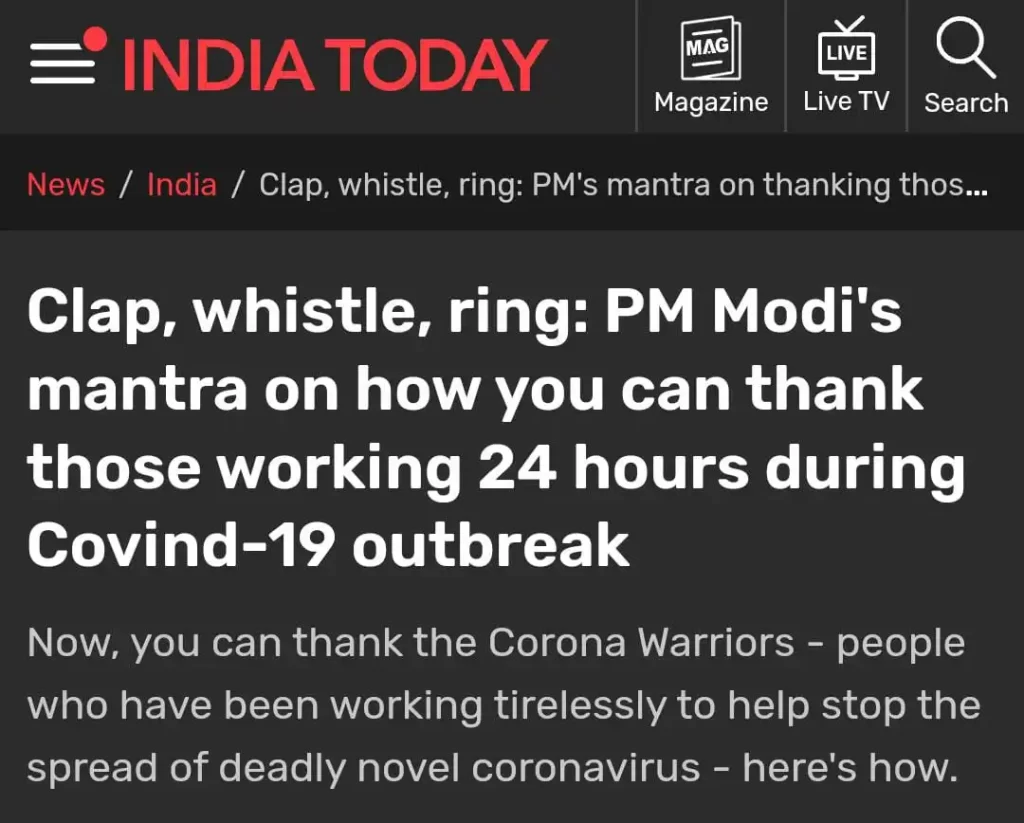 India Today report on PM Modi's request to the nation to pay respect to frontline workers