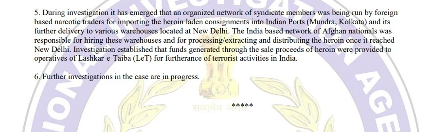 The NIA press release in Mundra drug haul case