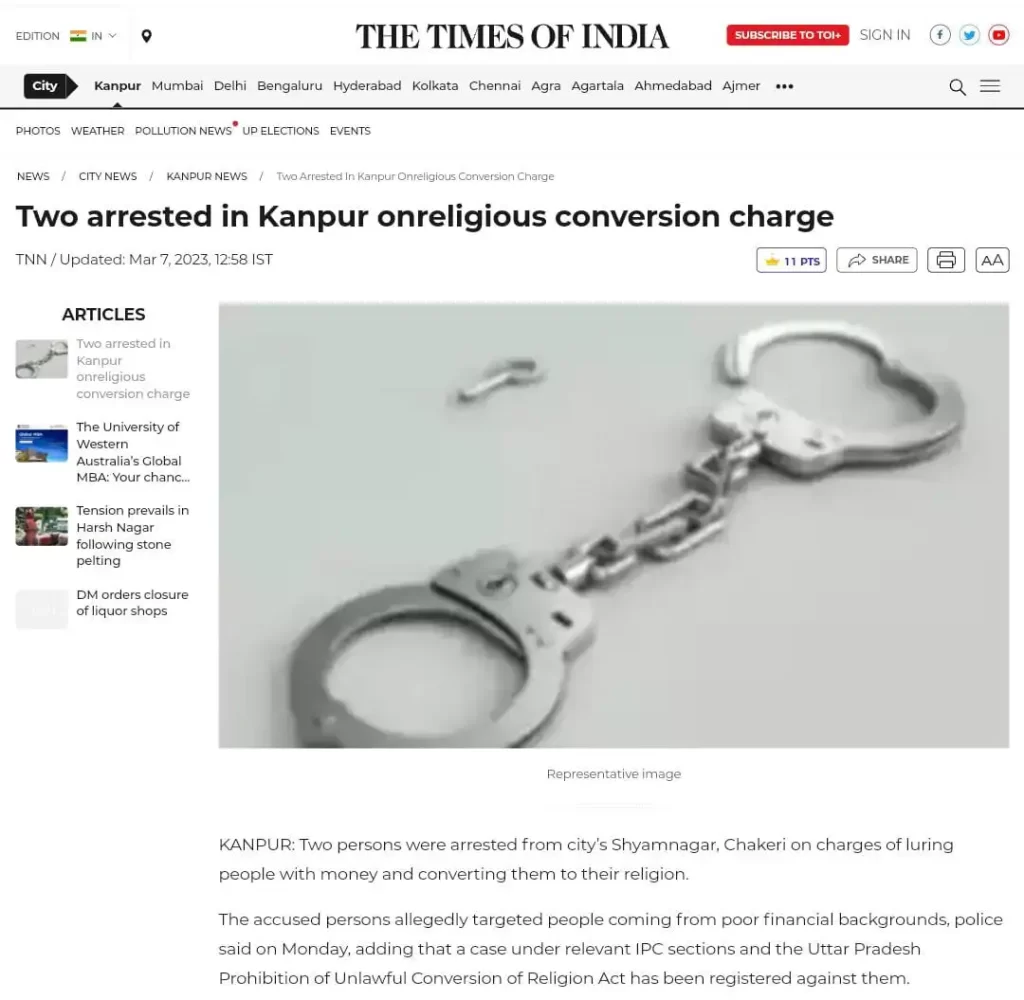 The Times of India report on forceful conversions in Kanpur