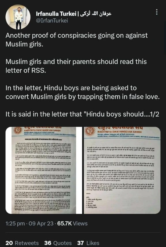 The Twitter user claiming the viral letter is issued by the RSS 