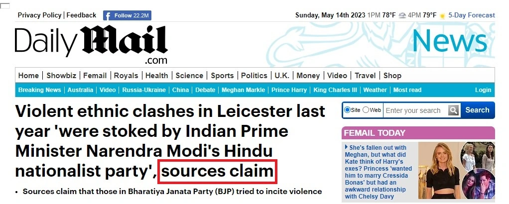Daily Mail report says UK security source has revealed Leicester violence were stoked by the BJP