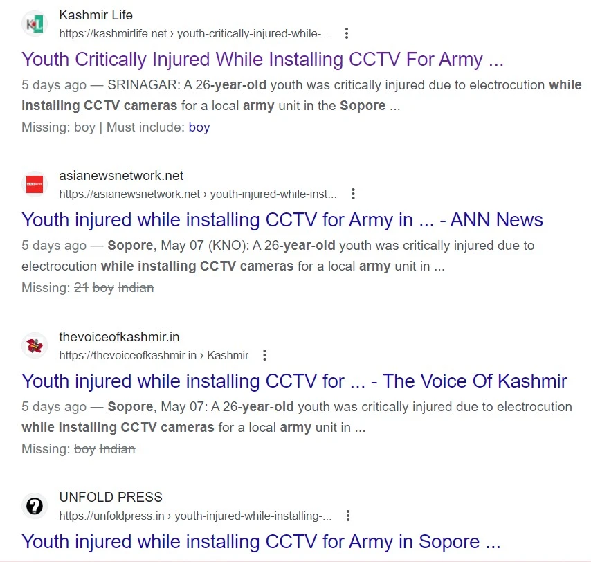 The google search results for "A boy killed in Sopore while installing CCTV"