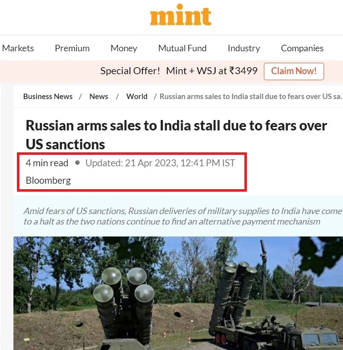 Russia stopped military supplies to India due to payment method issue