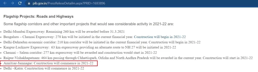 PIB states that the construction work of Amritsar-Jamnagar corridor was commenced in 2021-22