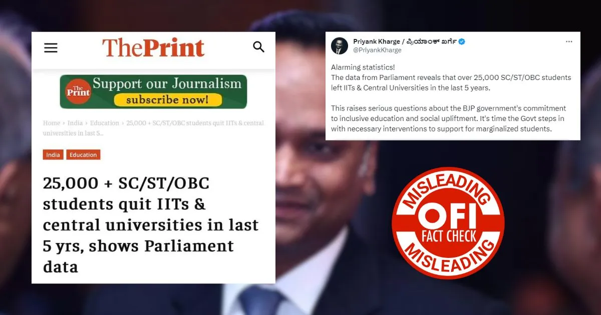 Priyank Kharge shared selective screenshot of The Print's article to claim that the large numbers of students are dropping out of IITs and central universities because BJP has failed to provide them a safe environment.