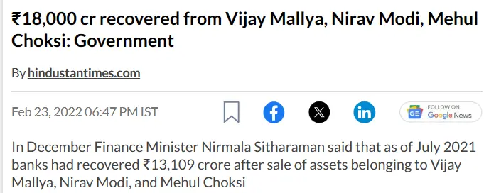 84.61% recovery made by the GOI from fugitives Vijay Mallya, Nirav Modi and Mehul Choksi.