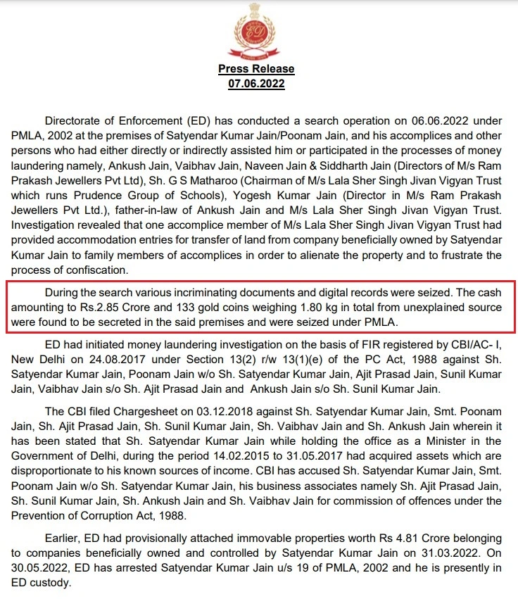 The ED seized Rs 2.85 crore cash and 1.80 kg gold coins from Satyendar Jain residence