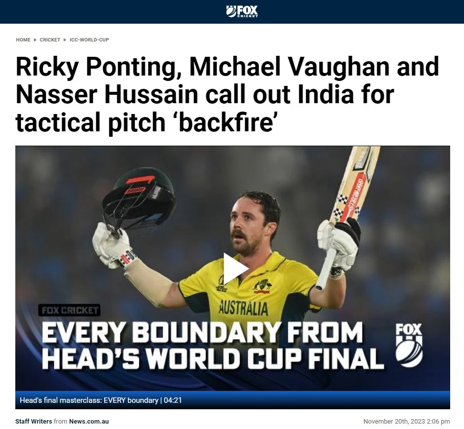 Ricky Ponting made a subtly suggestion that India's purported pitch manipulation would have backfired in the ICC World Cup 2023 finals.