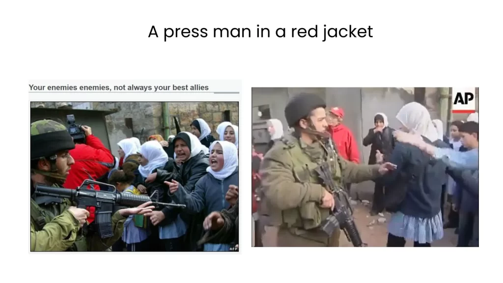 The keyframes showing Israeli soldiers clashing with Palestinian kids has a few similarities