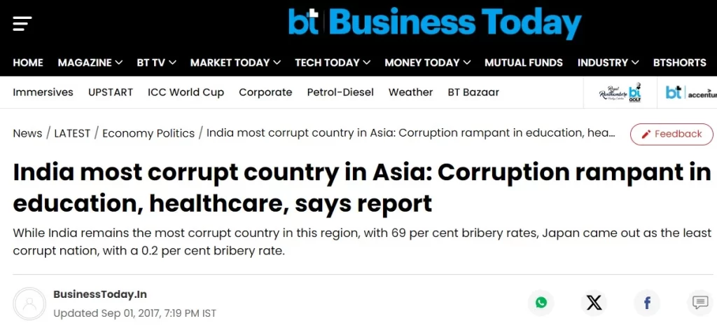 India's ranking on global corruption Index.