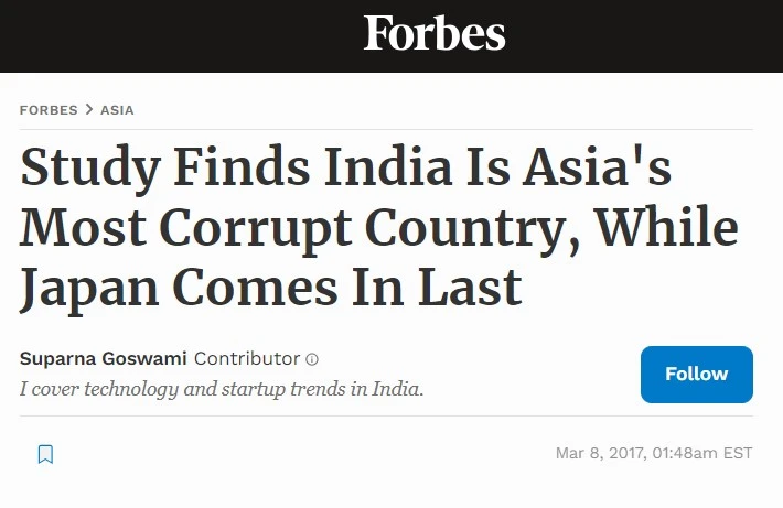 India became the most corrupt Asian nation in the year 2017.