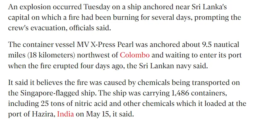 Cargo Ship caught fire on Sri Lankan coast