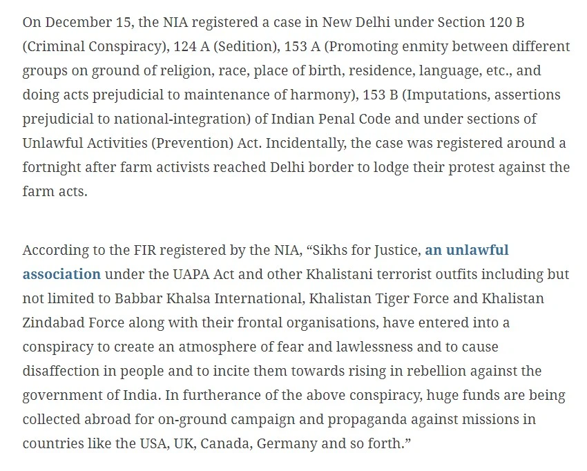 The NIA filed an FIR against Sikh For Justice which is working for Khalistan movement.