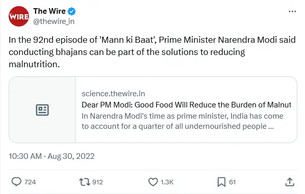 The Wire had misinterpreted PM Modi's statement about usage of bhajan kirtan in reducing malnutrition.