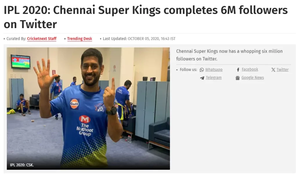 MS Dhoni six sign is related to CSK completion of 6 million followers on Twitter.