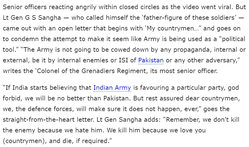 Lieutenant General GS Sangha came out in the support of army. 