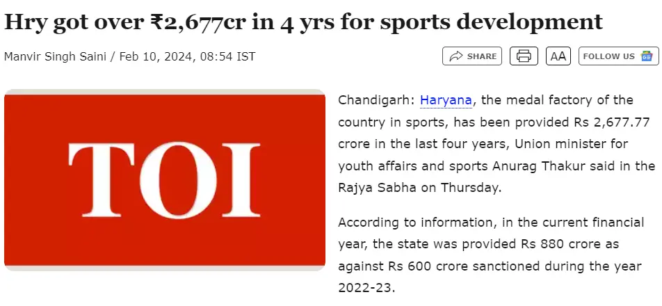 The claim that Haryana only got Rs 66 crore for Olympics is misleading. In last 4 years, Haryana has received Rs 2,677 crore for sports development. 