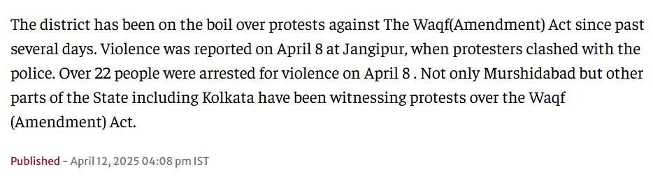 Violence in Murshidabad started on April 8, 2025.