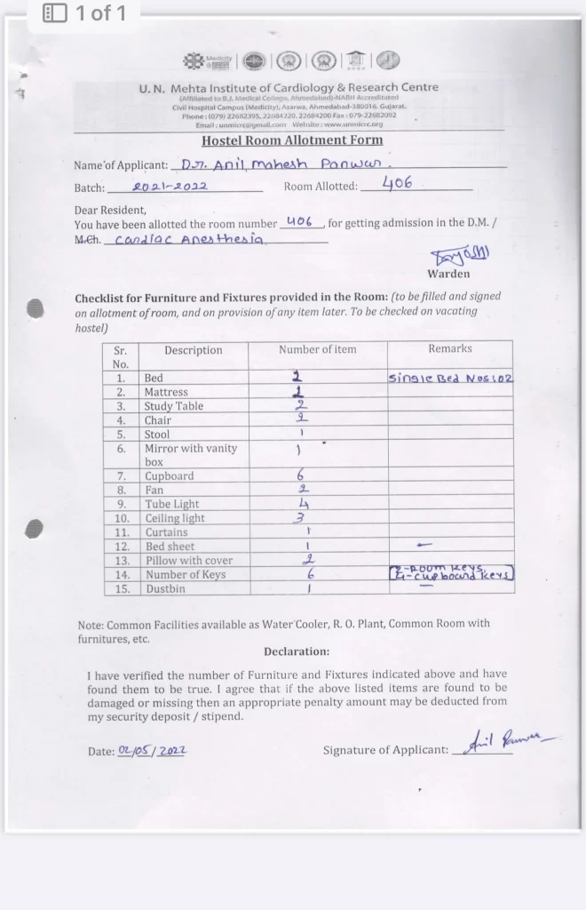Dr. Anil was vacated from his room 406 to another quarter.