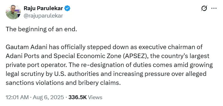 Raju Purulekar claims that Adani's resignation came as a result of legal pressure from abroad. 
