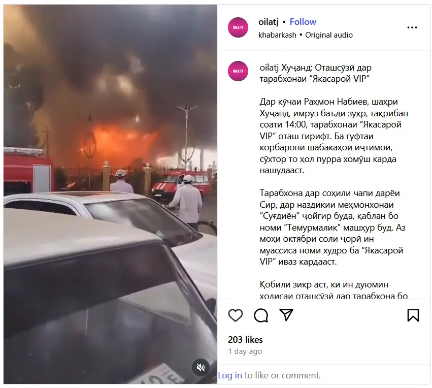 Fire at Yakasaroy VIP restaurant in Khujand.