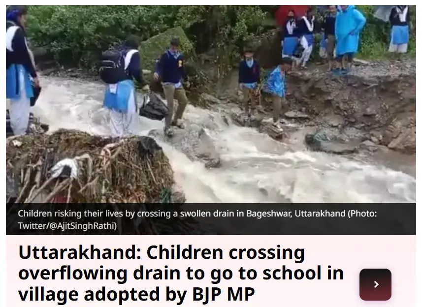 A video showing students crossing a dangerous drain in Soupi village, Uttarakhand, is from July 2023. 