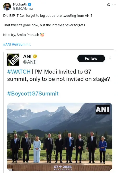 Screenshot of Siddhart's post Sharing fake screenshot of ANI's post.